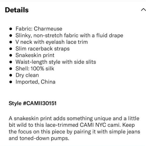 Cami NYC 100% Silk The  Racer Charmeuse Snake Tank Romantic Top  Going Out Sz M - Picture 7 of 16